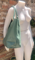 Sage GREEN tote leather bag. Genuine leather shopper. Large carry all bag for your laptop / books. Light green shoulder bag. Mint purse