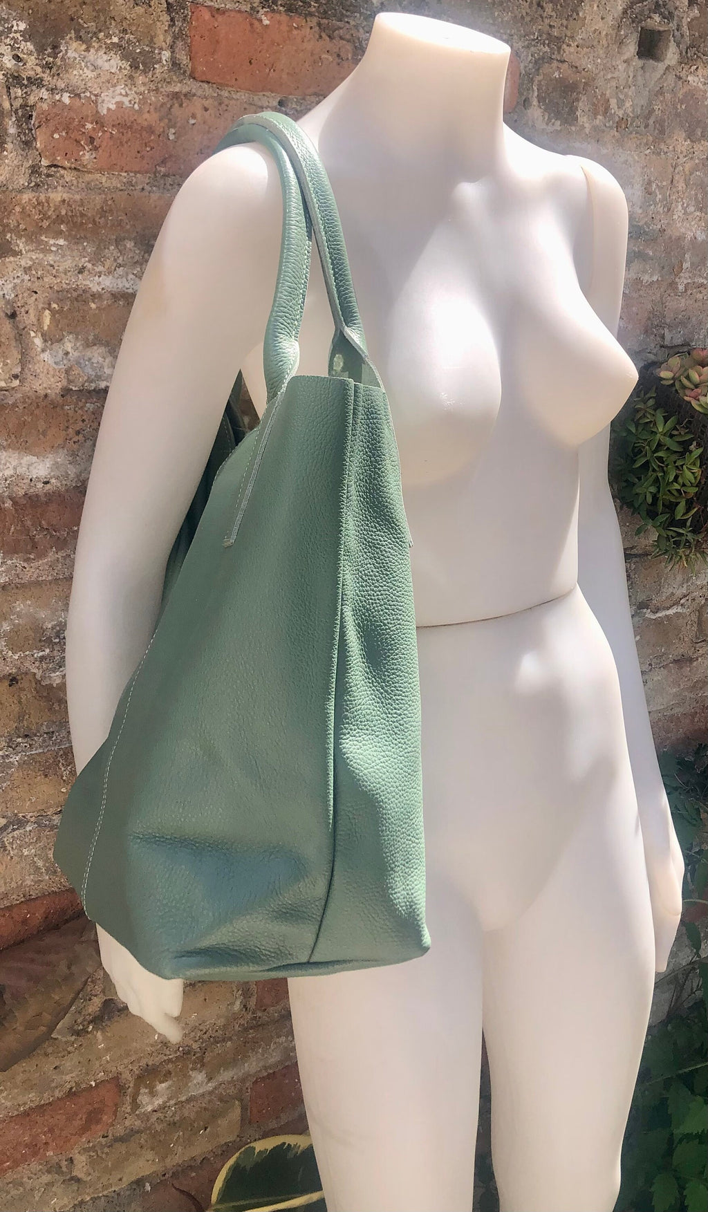 Sage GREEN tote leather bag. Genuine leather shopper. Large carry all bag for your laptop / books. Light green shoulder bag. Mint purse
