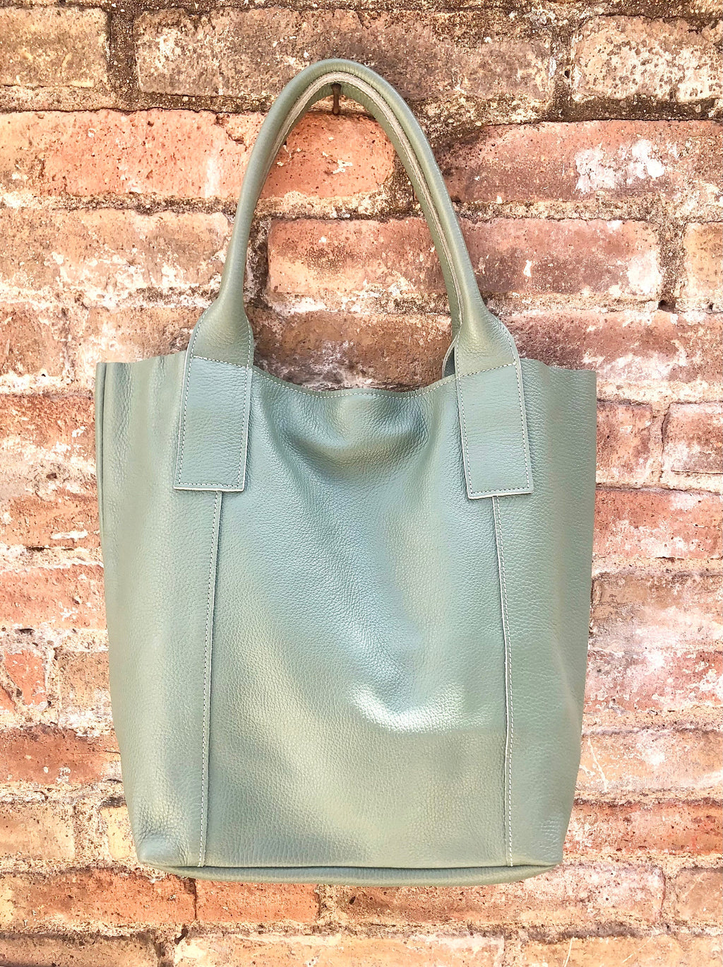 Sage GREEN tote leather bag. Genuine leather shopper. Large carry all bag for your laptop / books. Light green shoulder bag. Mint purse