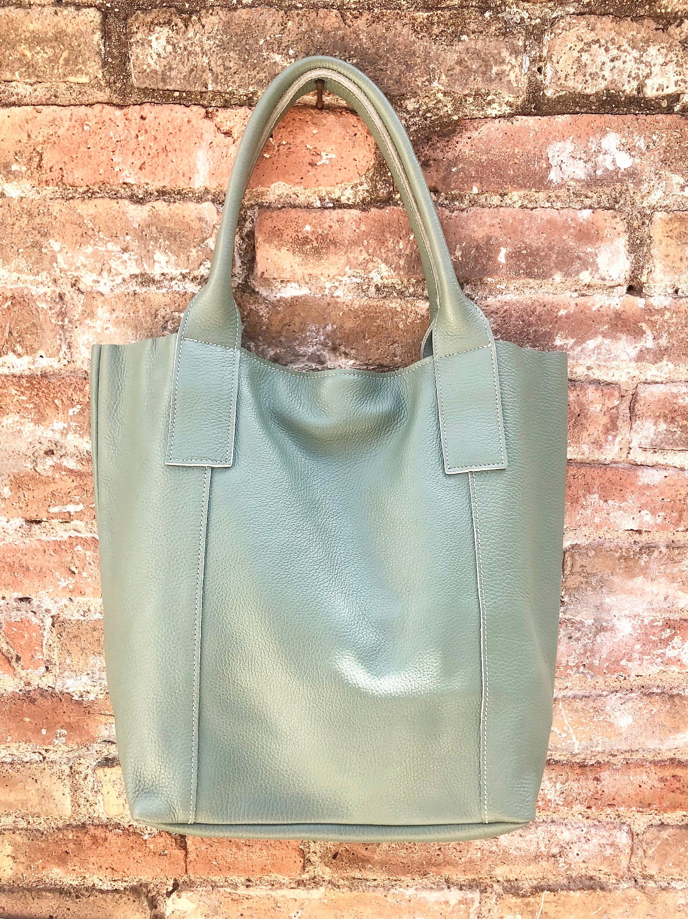 Sage GREEN tote leather bag. Genuine leather shopper. Large carry all bag for your laptop / books. Light green shoulder bag. Mint purse