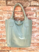 Sage GREEN tote leather bag. Genuine leather shopper. Large carry all bag for your laptop / books. Light green shoulder bag. Mint purse