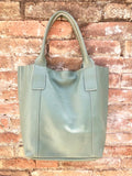 Sage GREEN tote leather bag. Genuine leather shopper. Large carry all bag for your laptop / books. Light green shoulder bag. Mint purse
