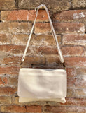 Cross body /shoulder bag. Cream color soft genuine leather bag with zipper, flap + adjustable strap. Creamy white leather purse. Light beige