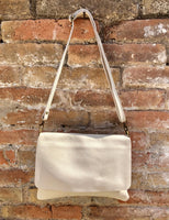 Cross body /shoulder bag. Cream color soft genuine leather bag with zipper, flap + adjustable strap. Creamy white leather purse. Light beige