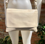 Cross body /shoulder bag. Cream color soft genuine leather bag with zipper, flap + adjustable strap. Creamy white leather purse. Light beige