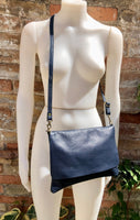 Cross body /shoulder bag. NAVY blue soft genuine leather bag with zipper, flap + adjustable strap. Dark blue leather purse. Navy messenger