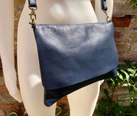 Cross body /shoulder bag. NAVY blue soft genuine leather bag with zipper, flap + adjustable strap. Dark blue leather purse. Navy messenger