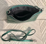 Small leather bag in METALLIC GREEN .Cross body, shoulder bag or wristlet in GENUINE leather. Green leather purse + adjustable strap