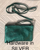 Small leather bag in METALLIC GREEN .Cross body, shoulder bag or wristlet in GENUINE leather. Green leather purse + adjustable strap