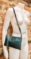 Small leather bag in METALLIC GREEN .Cross body, shoulder bag or wristlet in GENUINE leather. Green leather purse + adjustable strap