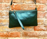 Small leather bag in METALLIC GREEN .Cross body, shoulder bag or wristlet in GENUINE leather. Green leather purse + adjustable strap