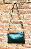 Small leather bag in METALLIC GREEN .Cross body, shoulder bag or wristlet in GENUINE leather. Green leather purse + adjustable strap