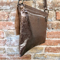 Metallic bronze crossbody / shoulder bag, genuine leather small crossover, messenger bag with zipper and flap. Small dark gold leather purse