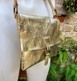 Metallic GOLD crossbody / shoulder bag, genuine leather small crossover, messenger bag with zipper and flap. Small gold leather purse