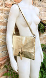 Metallic GOLD crossbody / shoulder bag, genuine leather small crossover, messenger bag with zipper and flap. Small gold leather purse