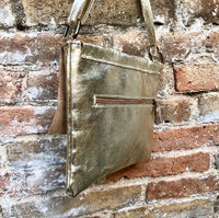 Metallic GOLD crossbody / shoulder bag, genuine leather small crossover, messenger bag with zipper and flap. Small gold leather purse