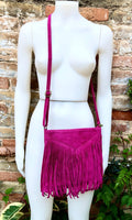 FUCHSIA crossbody fringed bag. Hot pink BOHO suede leather bag with FRINGES. Magenta soft genuine suede leather. Hot pink suede purse.