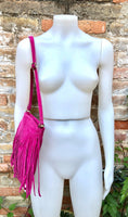 FUCHSIA crossbody fringed bag. Hot pink BOHO suede leather bag with FRINGES. Magenta soft genuine suede leather. Hot pink suede purse.