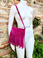 FUCHSIA crossbody fringed bag. Hot pink BOHO suede leather bag with FRINGES. Magenta soft genuine suede leather. Hot pink suede purse.