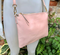 Light pink leather bag. GENUINE leather cross body / shoulder bag. Light pink purse with adjustable strap + zipper. Soft leather messenger