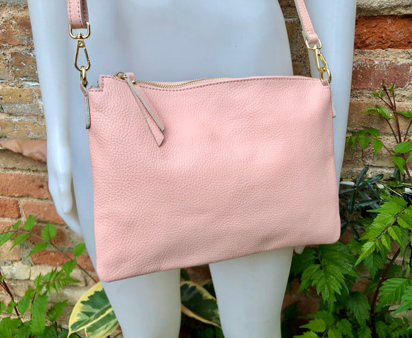 Light pink leather bag. GENUINE leather cross body / shoulder bag. Light pink purse with adjustable strap + zipper. Soft leather messenger