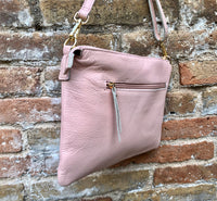 Light pink leather bag. GENUINE leather cross body / shoulder bag. Light pink purse with adjustable strap + zipper. Soft leather messenger