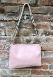 Light pink leather bag. GENUINE leather cross body / shoulder bag. Light pink purse with adjustable strap + zipper. Soft leather messenger