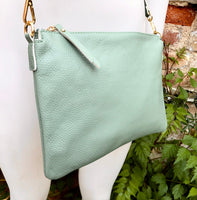 SAGE green leather bag. GENUINE leather cross body / shoulder bag. Light GREEN purse with adjustable strap + zipper. Soft leather messenger