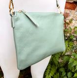 SAGE green leather bag. GENUINE leather cross body / shoulder bag. Light GREEN purse with adjustable strap + zipper. Soft leather messenger