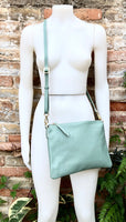 SAGE green leather bag. GENUINE leather cross body / shoulder bag. Light GREEN purse with adjustable strap + zipper. Soft leather messenger