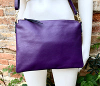 PURPLE leather bag. GENUINE leather cross body / shoulder bag. PURPLE leather purse with adjustable strap + zipper. Soft leather messenger