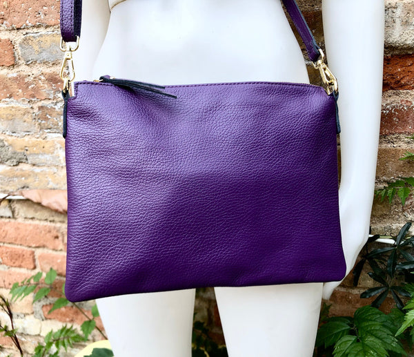 PURPLE leather bag. GENUINE leather cross body / shoulder bag. PURPLE leather purse with adjustable strap + zipper. Soft leather messenger