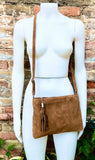 CAMEL BROWN suede leather bag. GENUINE leather small crossbody / shoulder bag.Adjustable strap and zipper. Tan brown suede purse with tassel