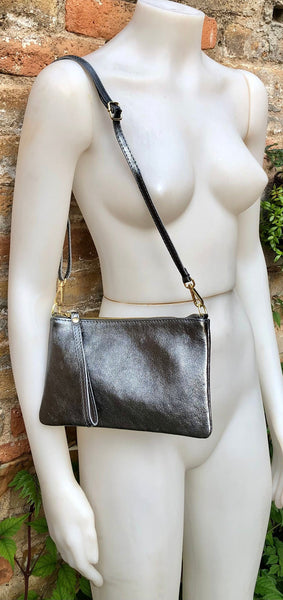 Small leather bag in METALLIC dark SILVER .Cross body, shoulder bag or wristlet in GENUINE leather. Silver leather purse + adjustable strap