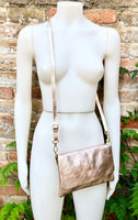 Metallic pink gold small leather bag. Light pink GENUINE leather shoulder / crossbody bag. Salmon pink purse with adjustable strap+ zipper