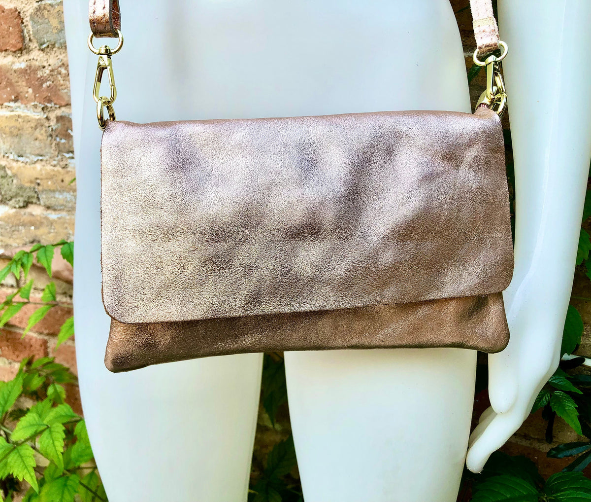Metallic pink gold small leather bag. Light pink GENUINE leather shoulder / crossbody bag. Salmon pink purse with adjustable strap+ zipper