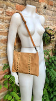 Crossbody bag. Light camel BROWN suede leather purse with bronze color tacks Genuine suede leather messenger bag. Saddle brown crossbody bag