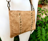 Crossbody bag. Light camel BROWN suede leather purse with bronze color tacks Genuine suede leather messenger bag. Saddle brown crossbody bag