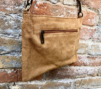 Crossbody bag. Light camel BROWN suede leather purse with bronze color tacks Genuine suede leather messenger bag. Saddle brown crossbody bag