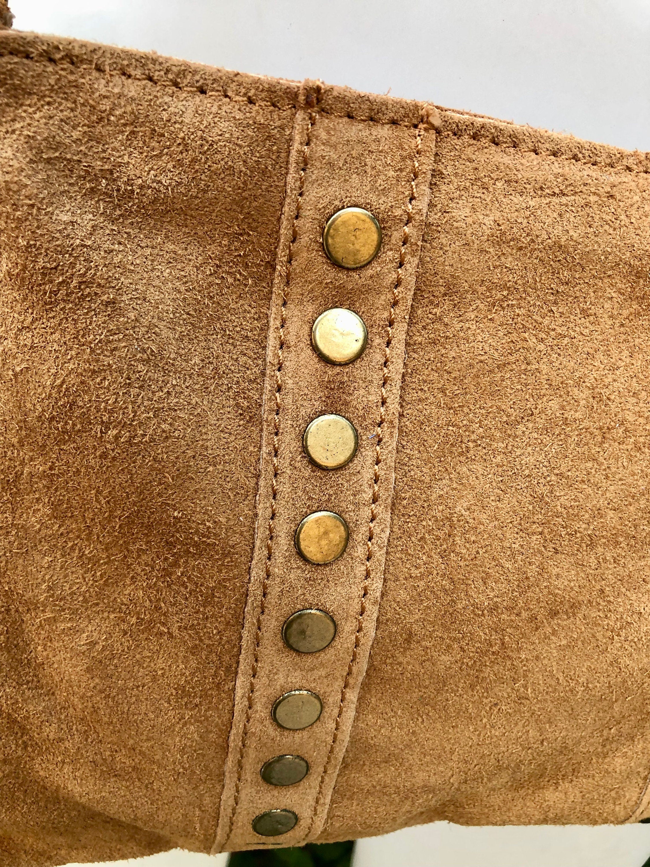 Crossbody bag. Light camel BROWN suede leather purse with bronze color tacks Genuine suede leather messenger bag. Saddle brown crossbody bag