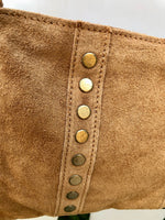Crossbody bag. Light camel BROWN suede leather purse with bronze color tacks Genuine suede leather messenger bag. Saddle brown crossbody bag