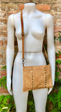 Crossbody bag. Light camel BROWN suede leather purse with bronze color tacks Genuine suede leather messenger bag. Saddle brown crossbody bag