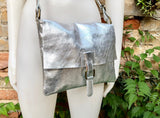 Metallic silver crossbody / shoulder bag, genuine leather small crossover, messenger bag with zipper and flap. Small silver leather purse