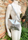 Metallic silver crossbody / shoulder bag, genuine leather small crossover, messenger bag with zipper and flap. Small silver leather purse