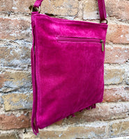 Hot pink cross body fringed bag. BOHO suede bag with FRINGES. Genuine suede leather messenger bag. Crossbody hippy bag. Fuchsia suede purse