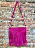 Hot pink cross body fringed bag. BOHO suede bag with FRINGES. Genuine suede leather messenger bag. Crossbody hippy bag. Fuchsia suede purse