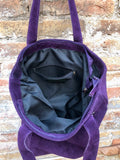 PURPLE large TOTE leather bag. Soft natural genuine suede leather shopper bag. Purple suede bag laptop bag. Purple suede purse