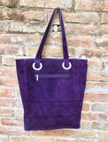 PURPLE large TOTE leather bag. Soft natural genuine suede leather shopper bag. Purple suede bag laptop bag. Purple suede purse