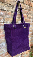 PURPLE large TOTE leather bag. Soft natural genuine suede leather shopper bag. Purple suede bag laptop bag. Purple suede purse