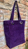 PURPLE large TOTE leather bag. Soft natural genuine suede leather shopper bag. Purple suede bag laptop bag. Purple suede purse